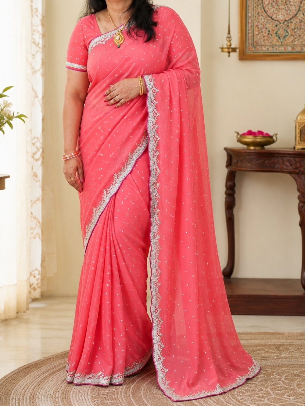 Coral Pink Embellished Saree with Silver Trim